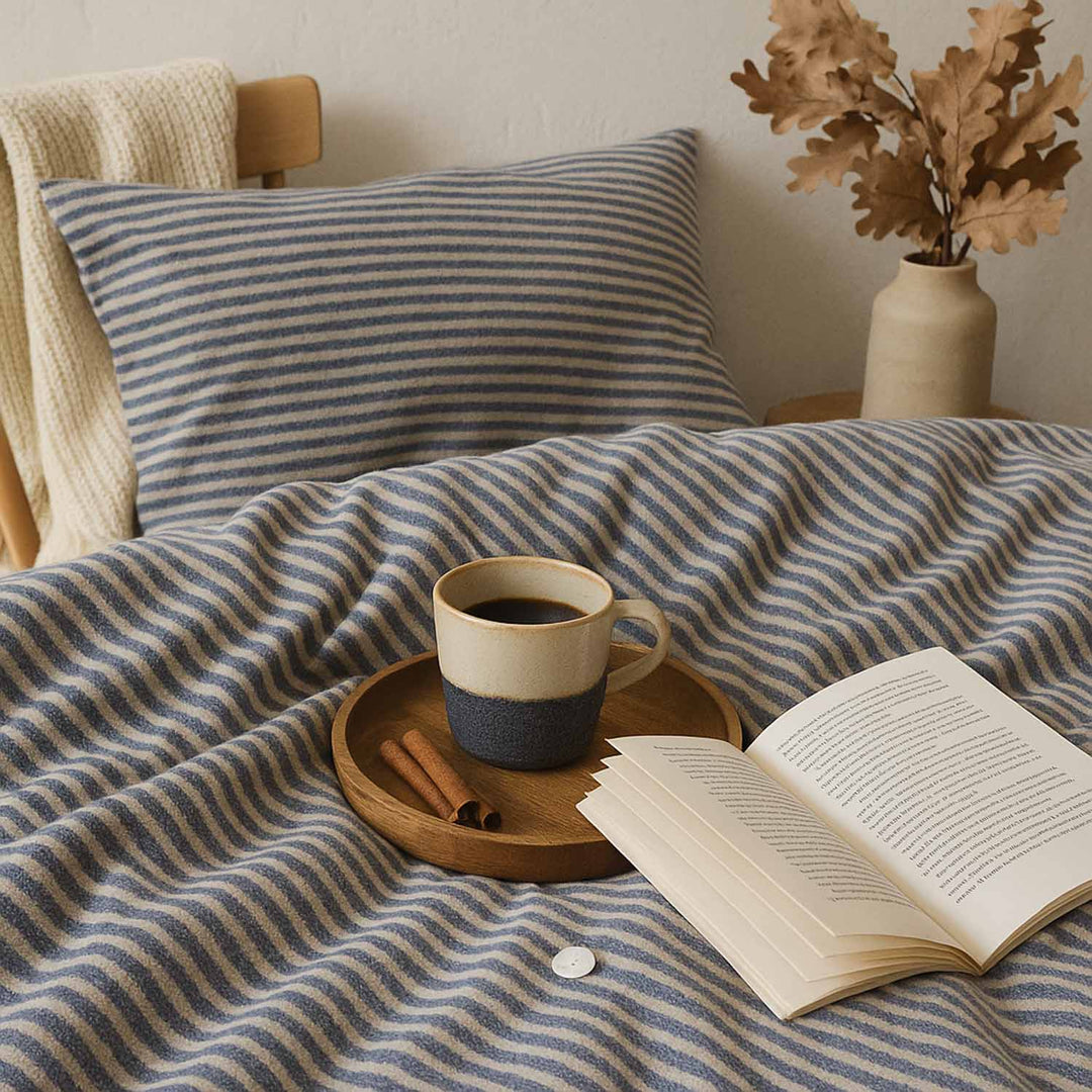 Bettwäsche Set: Flanell weiß blau gestreift