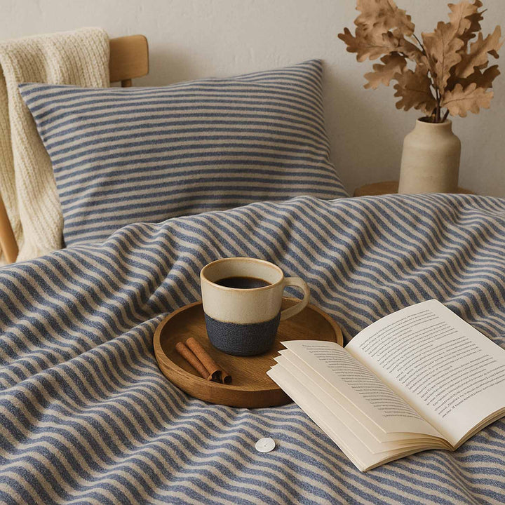 Bettwäsche Set: Flanell weiß blau gestreift