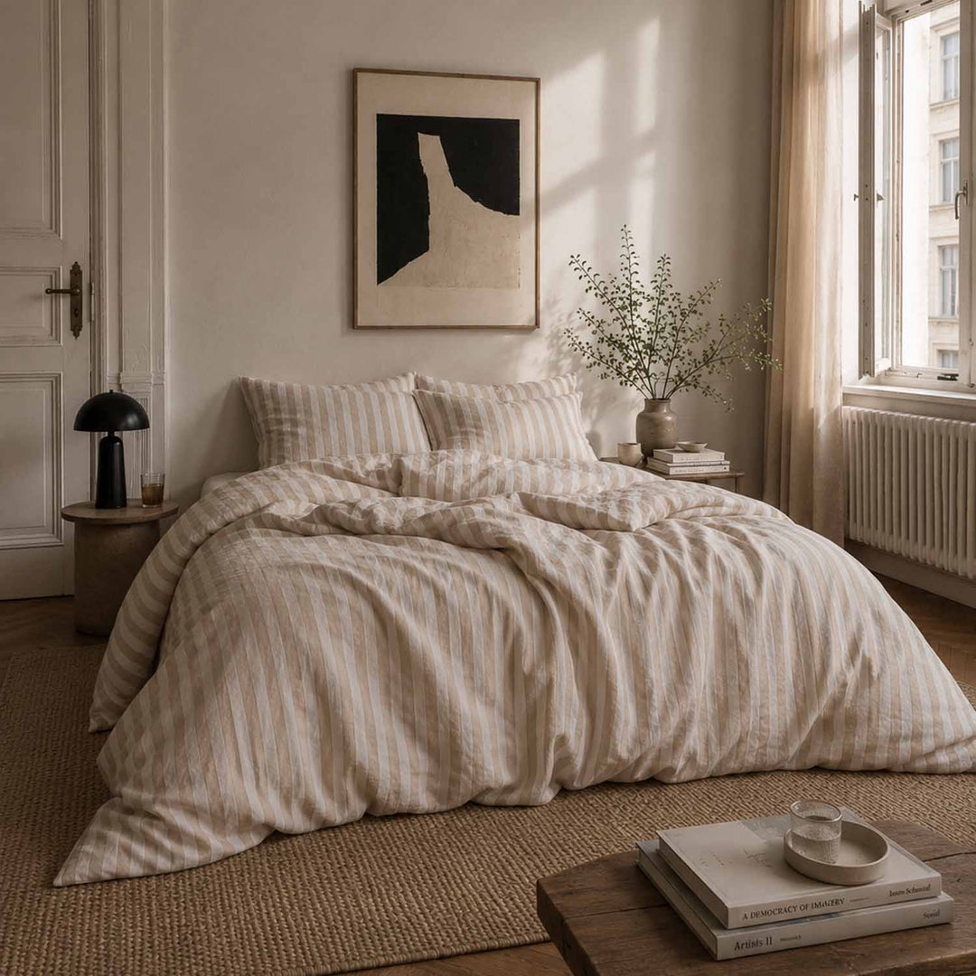 Bettwäsche Set: Halbleinen weiß beige gestreift