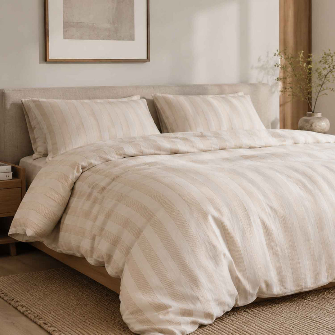Bettwäsche Set: Halbleinen weiß beige gestreift
